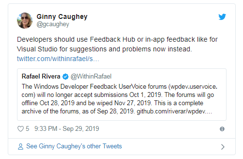 微软将关闭Windows开发人员反馈UserVoice论坛转移反馈中心