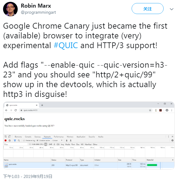 Chrome Canary版已经启用对实验性QUIC协议和HTTP/3整合支持