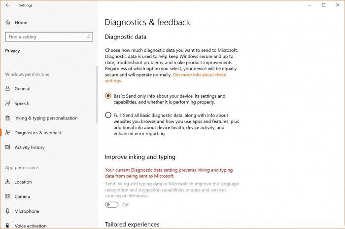 Windows10数据收集自定，用户新选择