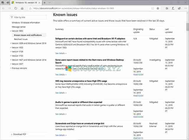 Win10 1903版本已知问题列表 实时更新
