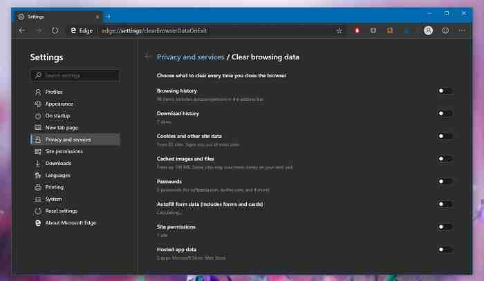 Win10 Edge Canary新增隐私选项,允许用户退出时选择清理数据