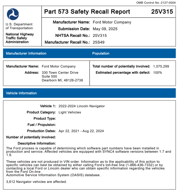 福特在美再召回超100万台车辆 倒车影像有问题