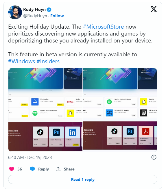 微软调整 Win11 Store 展示优先级：降低已安装应用的展示优先级