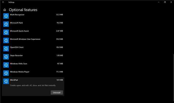 不仅是画图和记事本，Win10写字板也成为可选功能