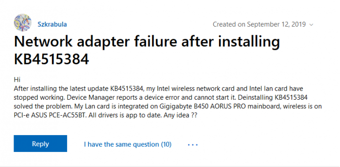 Win10KB4515384更新BUG再现，网络适配器集体“翘班”？