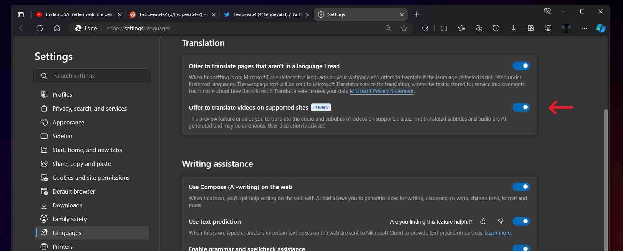 Edge 浏览器 Canary 版测试新特性：视频播放控件新增翻译切换开
