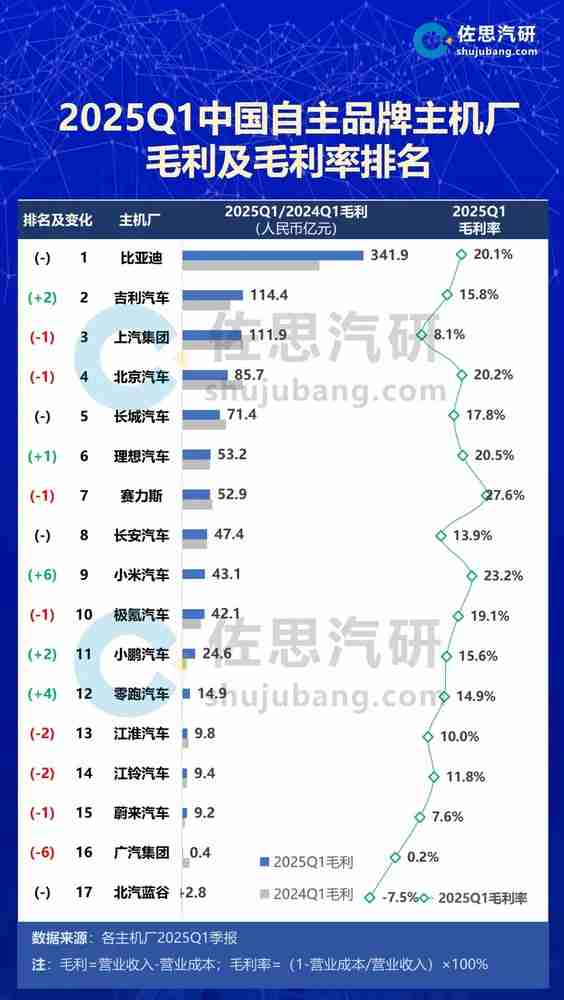 2025Q1中国车企毛利排名揭晓：比亚迪领先 小米第九