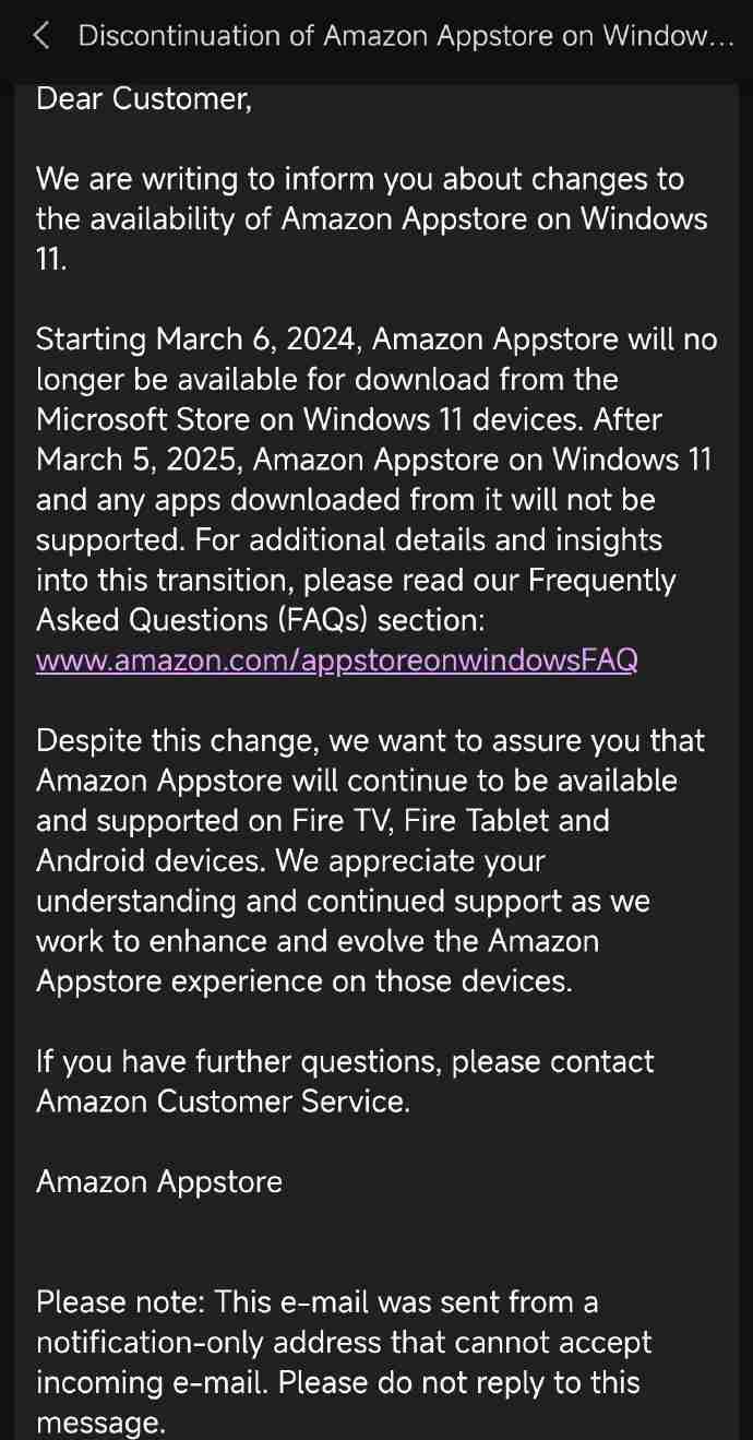 3 月 5 日后微软将终止对 Windows 安卓子系统的支持,亚马逊应用