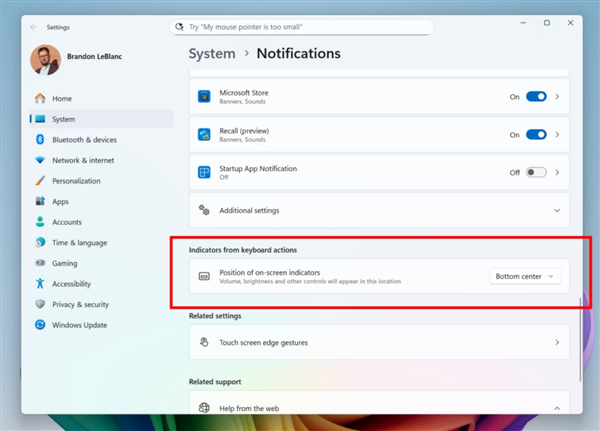 无需低头!微软Win11测试版新增指示条设置选项!
