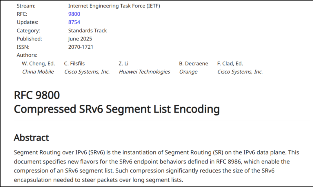 SRv6核心标准RFC9800发布，中国移动主导制定