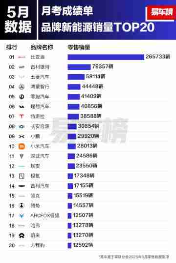 5月新能源品牌销量和品牌销量出炉:比亚迪领跑双榜
