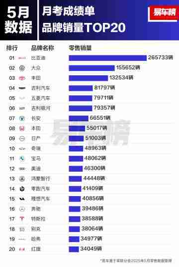5月新能源品牌销量和品牌销量出炉:比亚迪领跑双榜