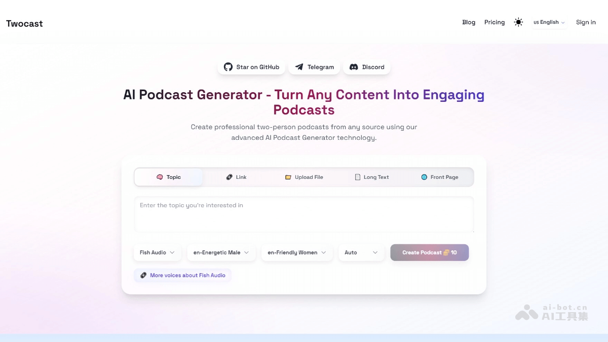 Twocast— AI双人播客生成器，模拟真实双人对话形式