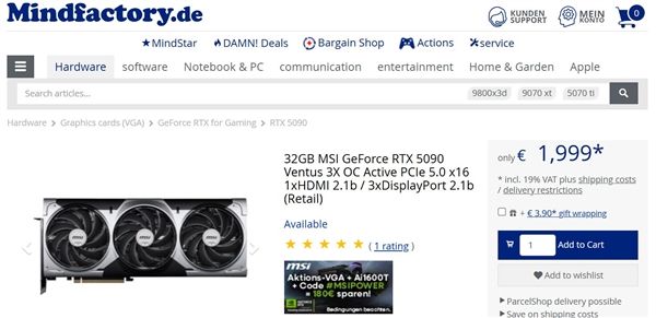 RTX5090价格暴跌，跌破2000欧元！