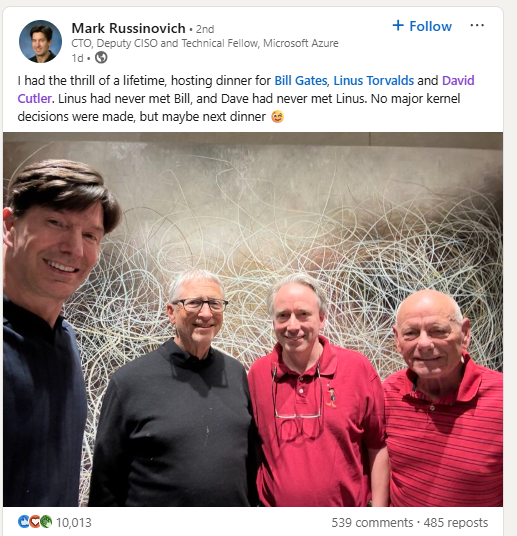 微软、Linux 创办人 50 年来首度同框：比尔・盖茨与林纳斯・托瓦兹共同参加晚宴