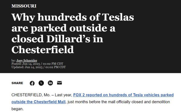 特斯拉库存引担忧 密苏里州一停车场停满未售新车