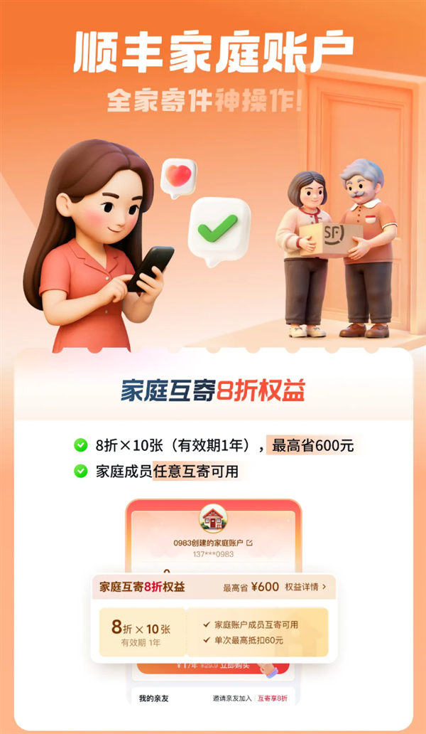 顺丰家庭账户上线：家人互寄享8折 最高可省600元