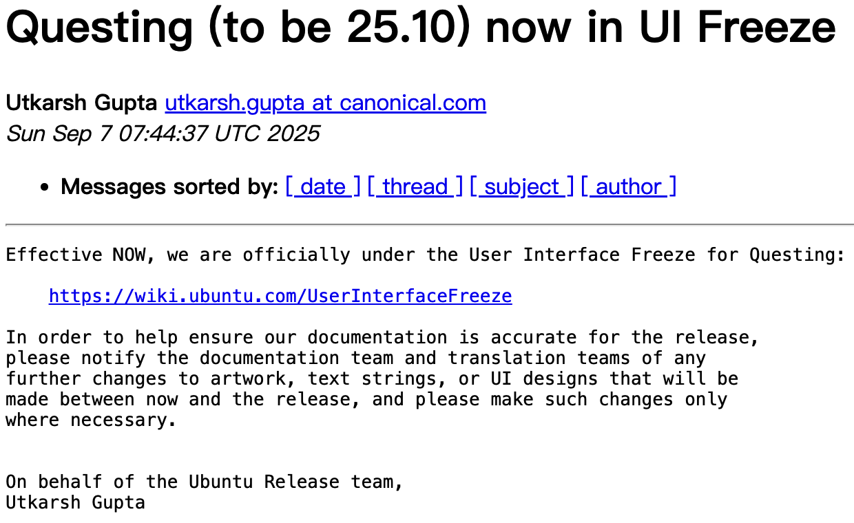 Ubuntu 25.10 进入 UI 冻结阶段