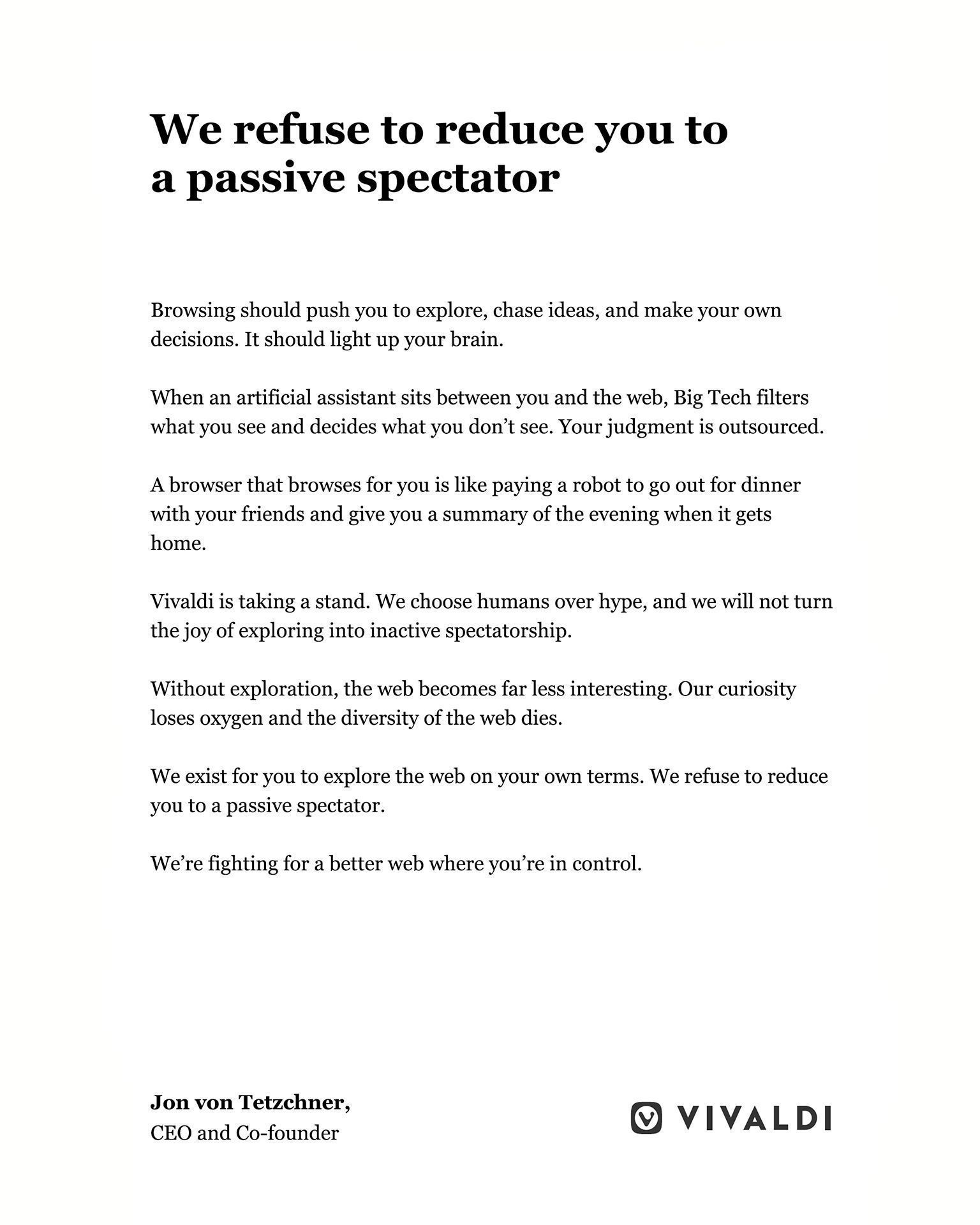 Vivaldi怒斥谷歌微软强推AI功能