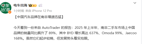 中国汽车品牌在南非增速迅猛 二手车市场销量暴增89%