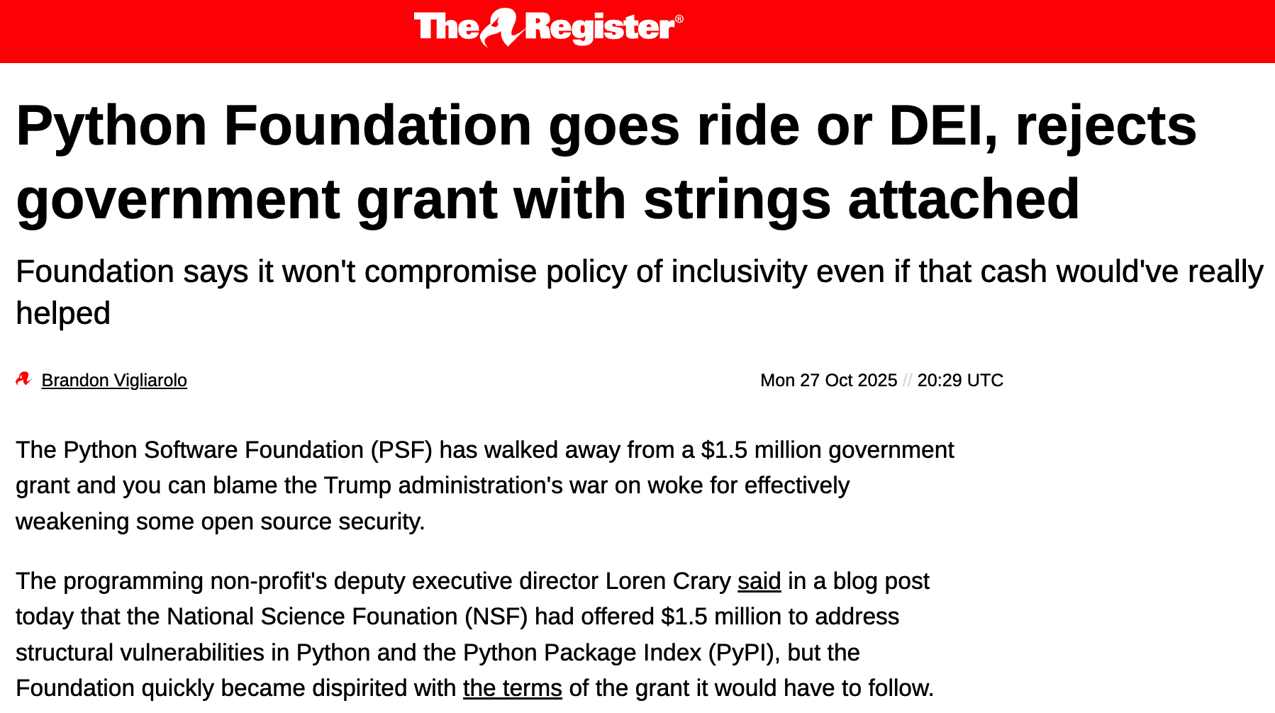 Python 基金会拒绝 150 万美元美国政府拨款