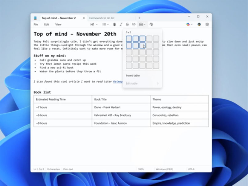 微软 Windows 记事本新功能:可原生创建表格