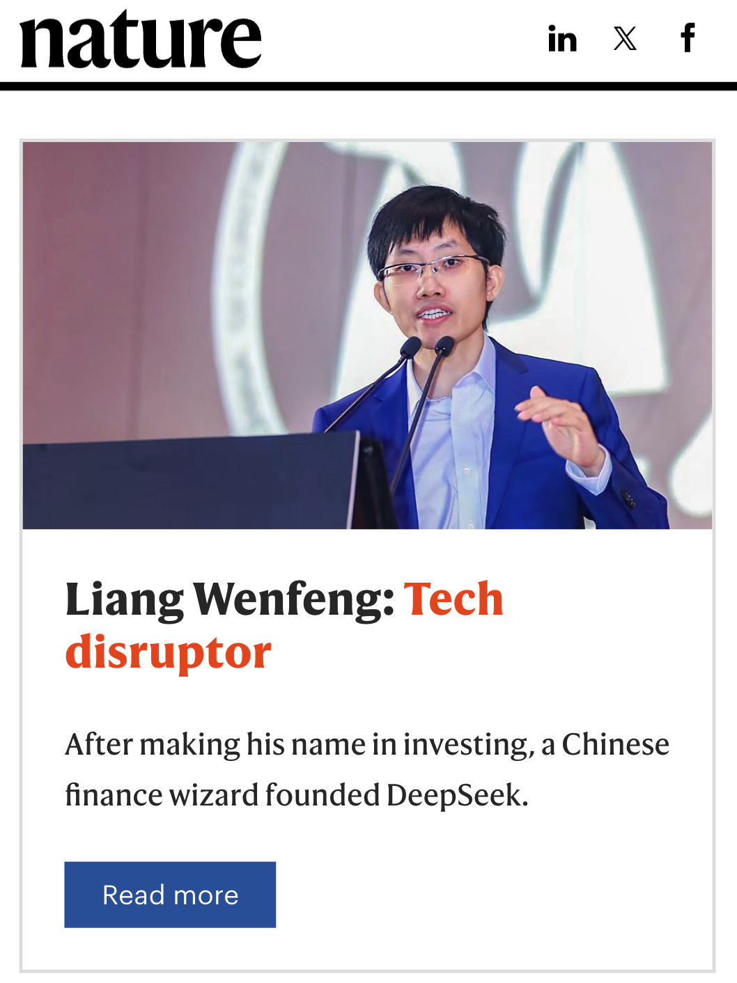 梁文锋入选《自然》年度十大科学人物