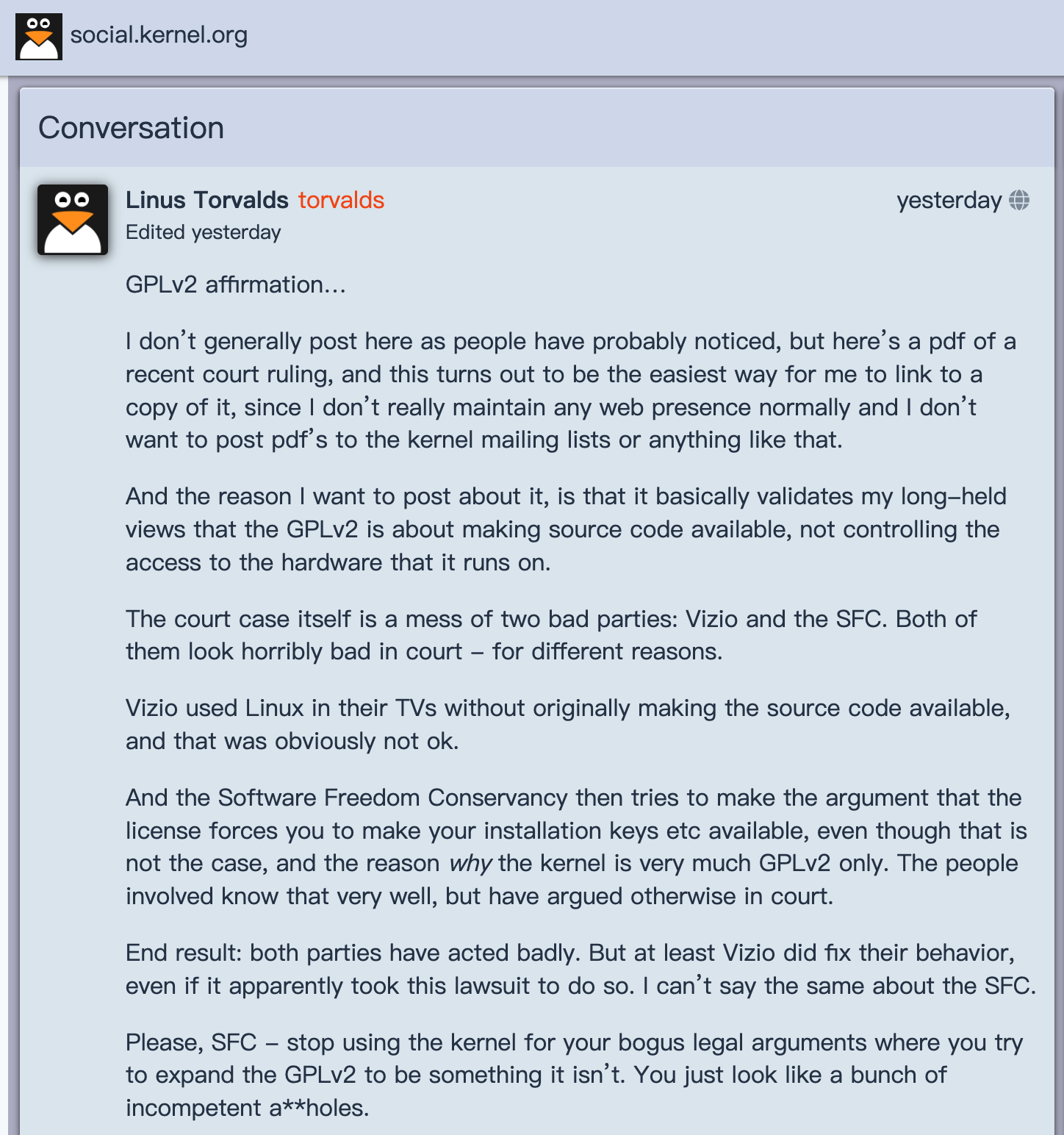 Linus Torvalds 罕见发声:对 GPLv2 的明确声明