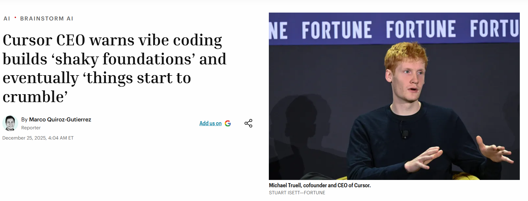 Cursor CEO 警告“氛围编程”风险：盲目依赖 AI 正在构建不稳固的代码地基