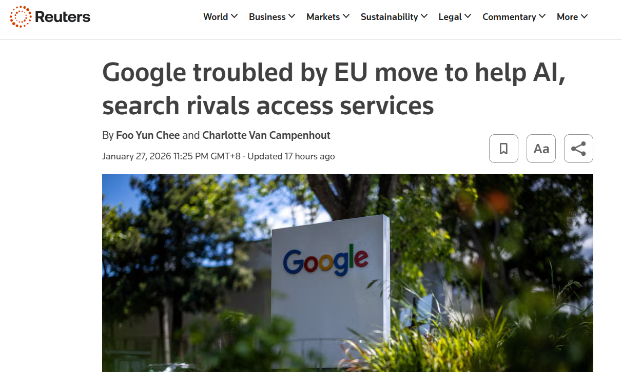 欧盟要求谷歌开放AI权限给竞品