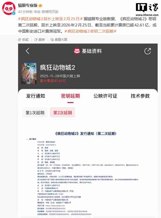 中国影史进口片票房冠军,《疯狂动物城 2》延长上映至 2 月 25 日