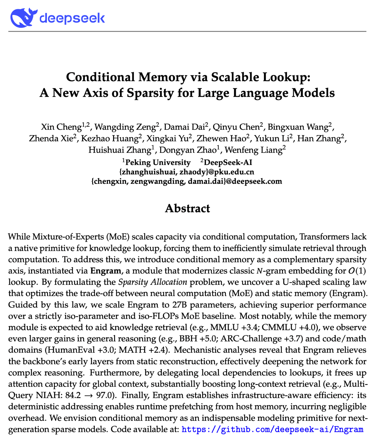 DeepSeek 团队提出可扩展的“查找式记忆”,或为下一代模型的核心技术基础