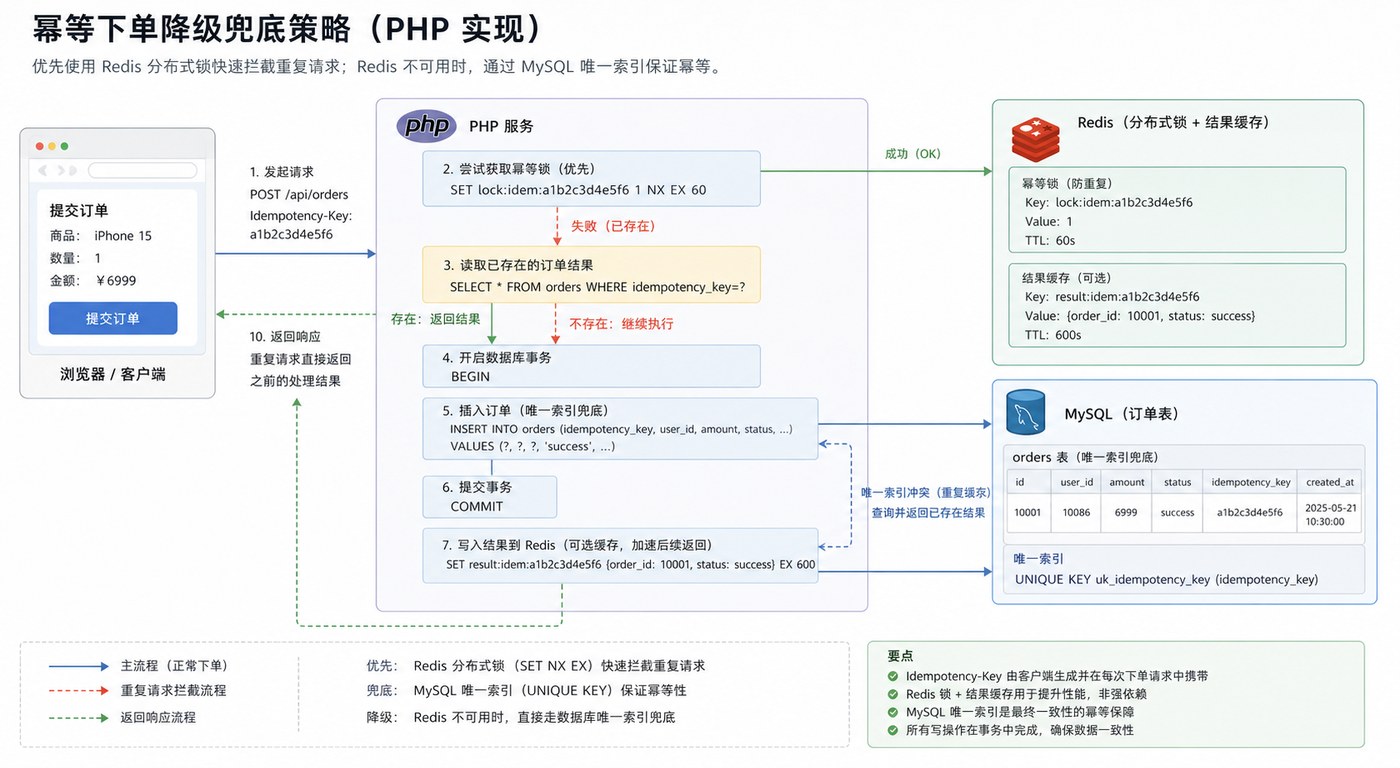 PHP 接口幂等提交实战：Redis Key + MySQL 唯一索引防重复下单