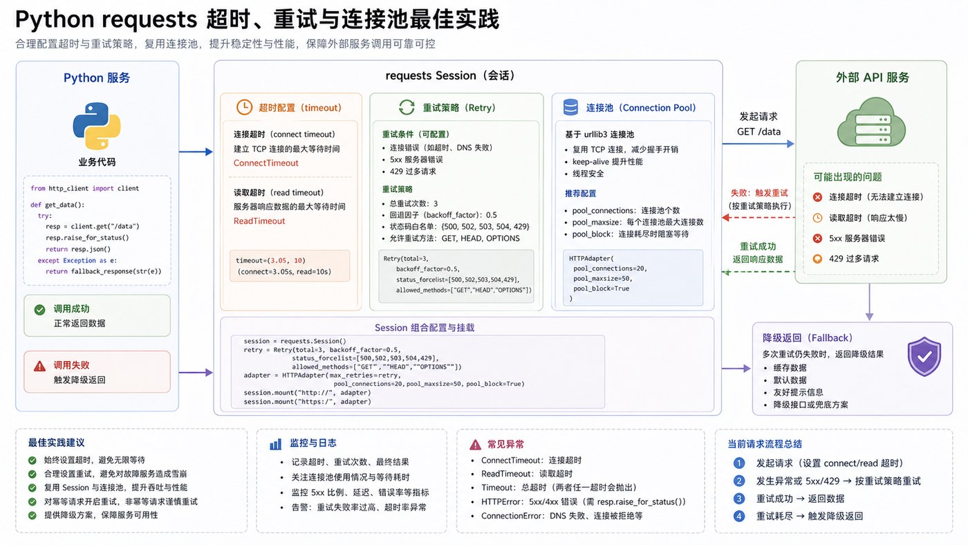 Python requests 超时重试和连接池配置流程图