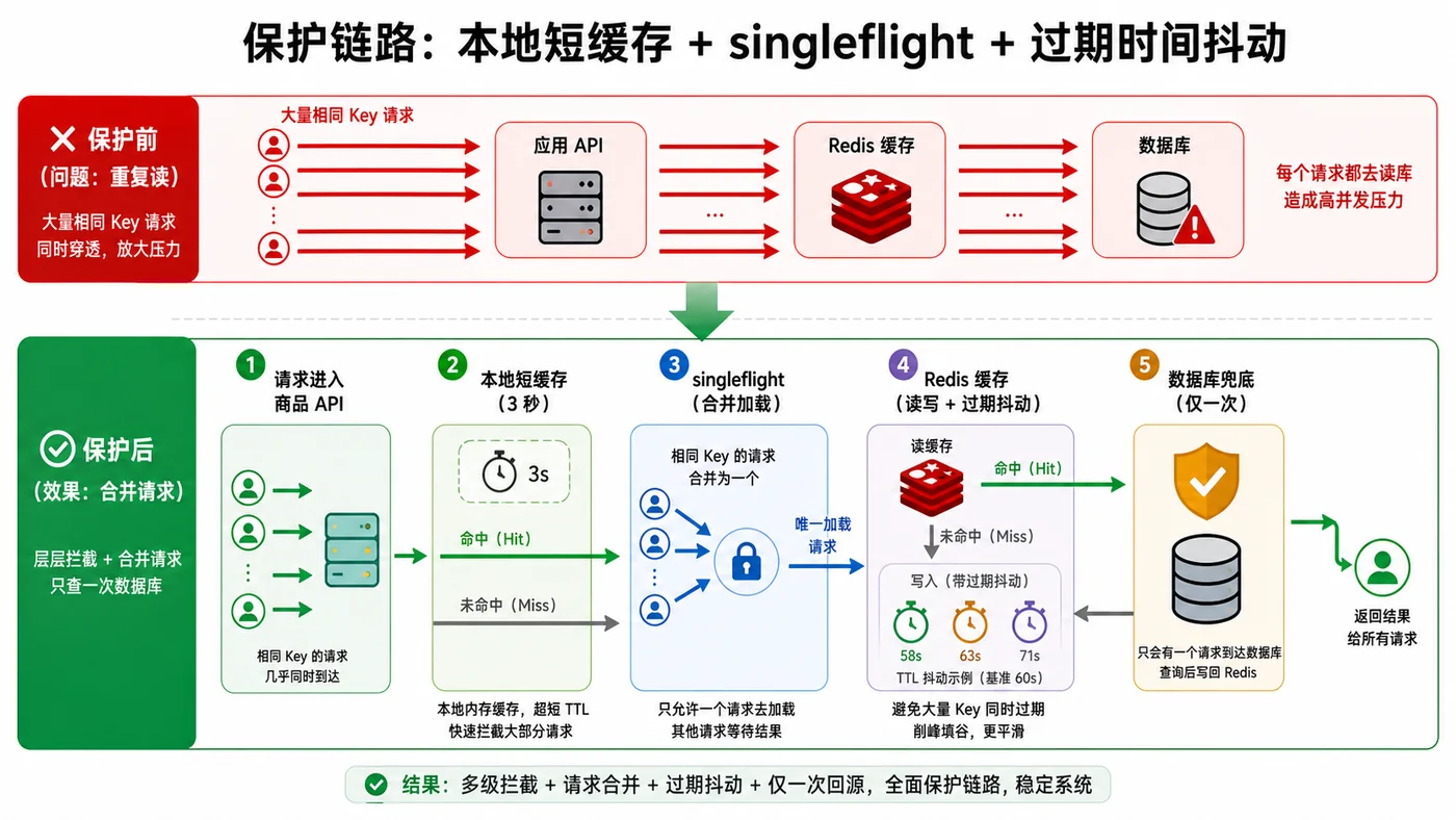 Redis 热 Key 保护链路中本地短缓存、合并加载、Redis 回写和数据库兜底的流程图