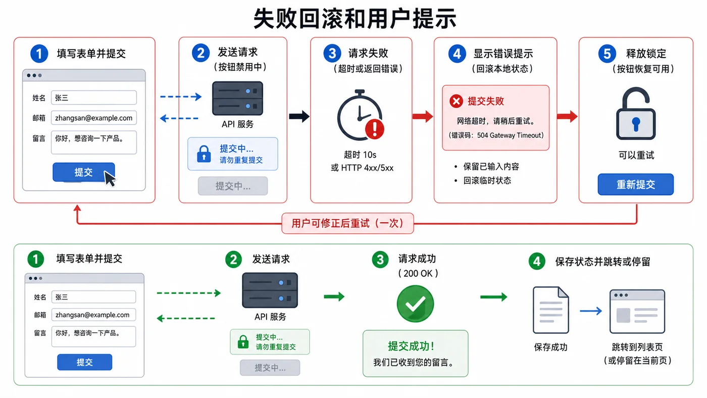 前端表单提交失败时从错误响应到释放请求锁、恢复按钮和提示用户的分支图