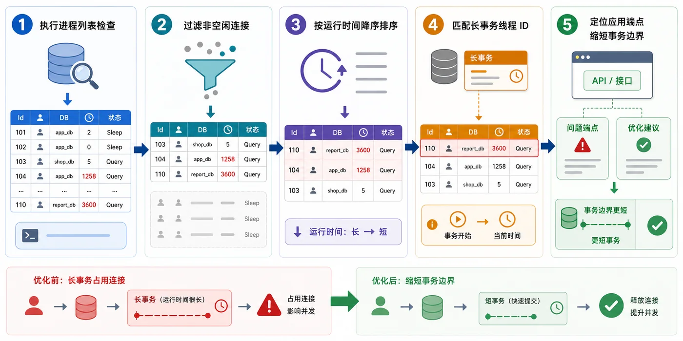 MySQL PROCESSLIST 诊断路径：筛选非空闲连接、按持续时间排序、关联长事务并定位到具体应用接口