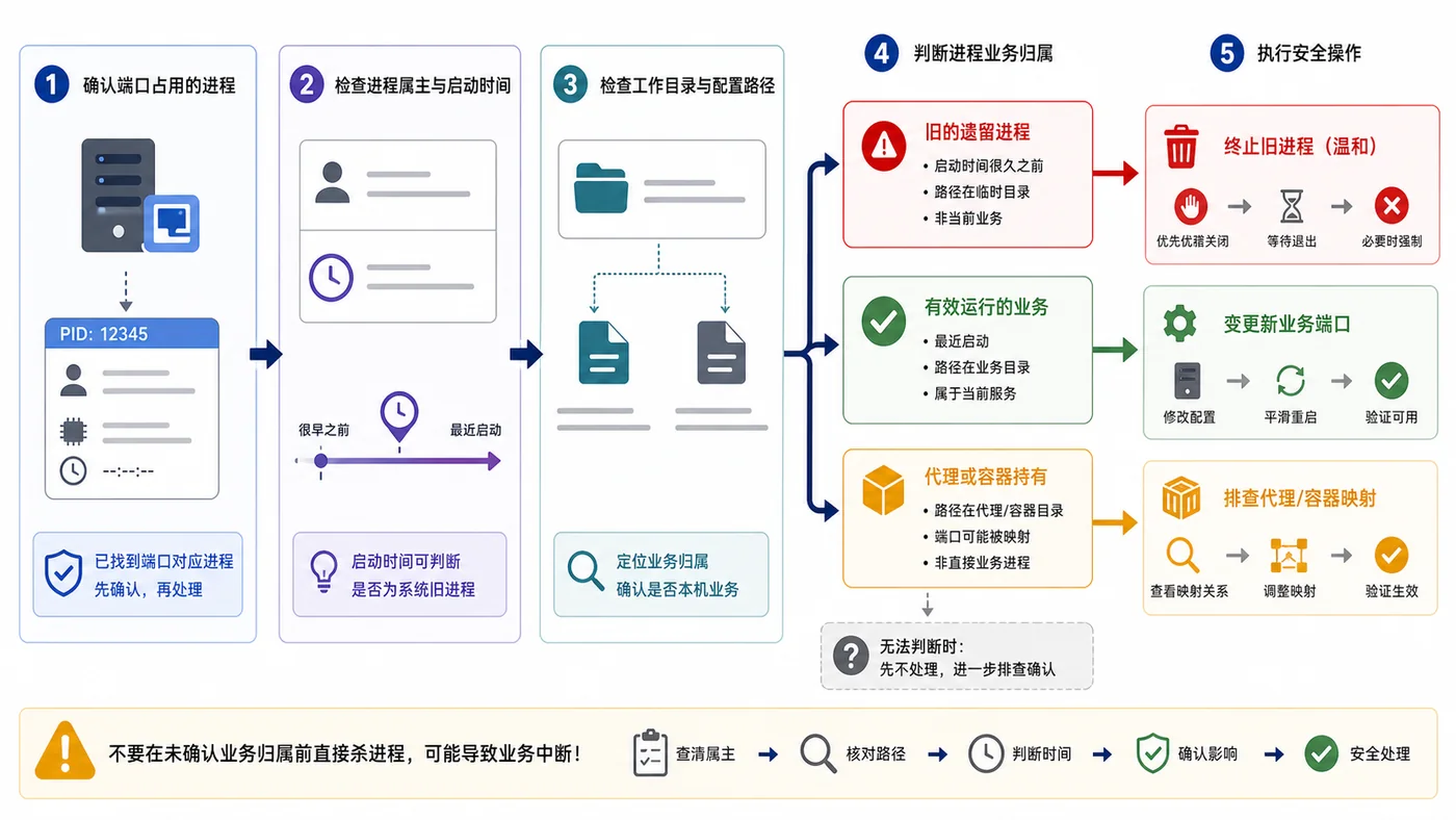 Linux 端口占用处理决策路径：确认 PID 后核对启动命令、业务归属，再选择停止旧进程或修改端口
