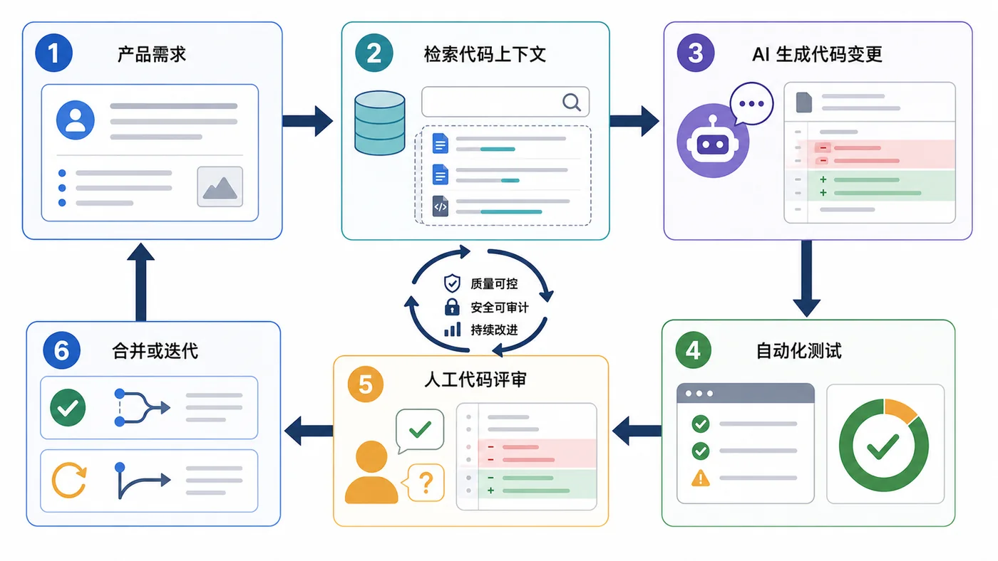 AI 编程代理进入研发流程示意：需求输入、上下文检索、生成变更、测试验证、代码审查和人工确认形成闭环