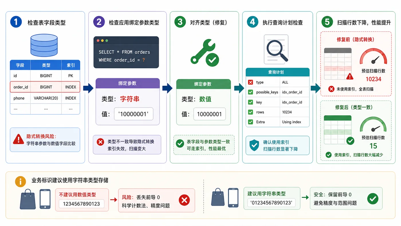 MySQL 隐式转换修复路径：检查字段类型、统一参数绑定、重建错误字段类型并通过执行计划确认扫描行数下降