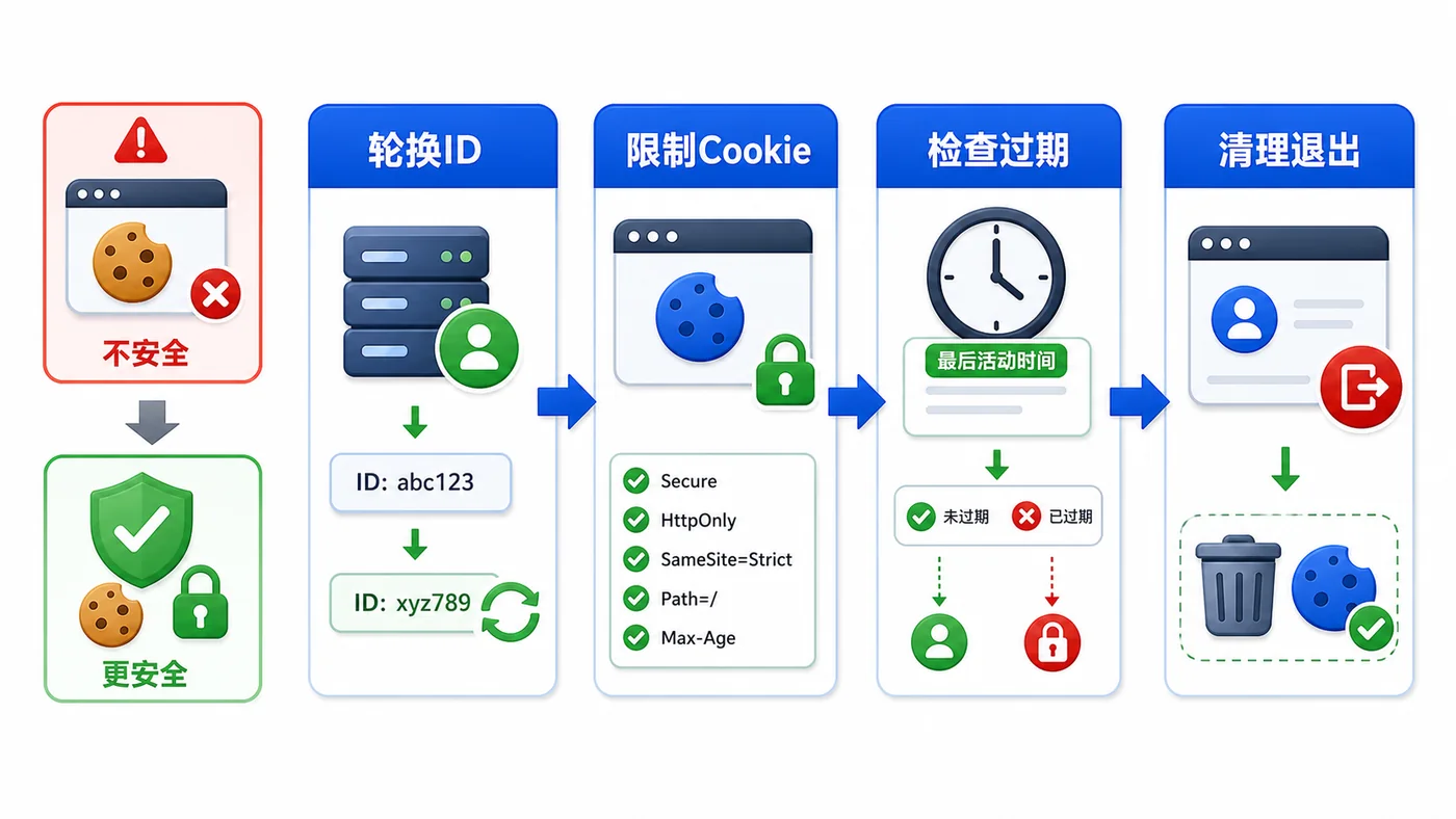 PHP 登录态通过轮换 ID 限制 Cookie 检查过期和清理退出完成安全加固