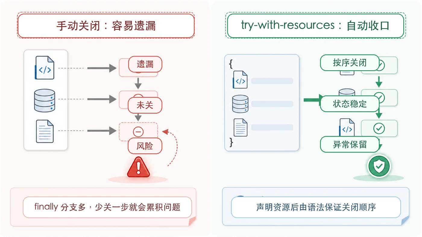 Java try-with-resources 资源关闭实战：文件流和目录扫描这样写更稳