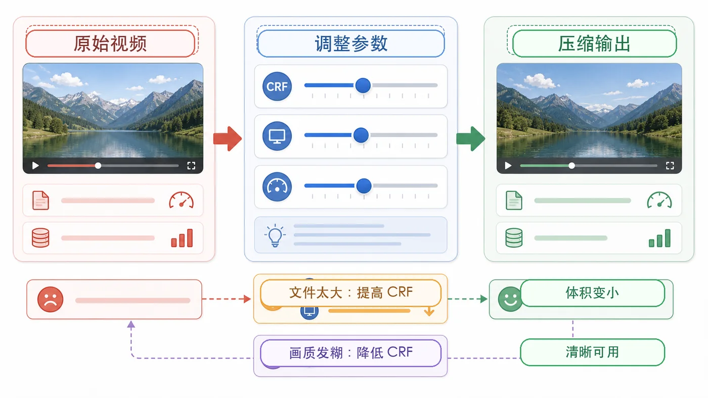 FFmpeg 通过 CRF 分辨率和 preset 调整让视频体积变小且保持清晰可用的参数取舍