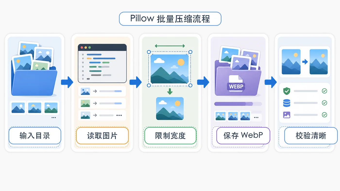 Python Pillow 从输入目录读取图片限制宽度保存 WebP 并校验清晰度的批量压缩流程