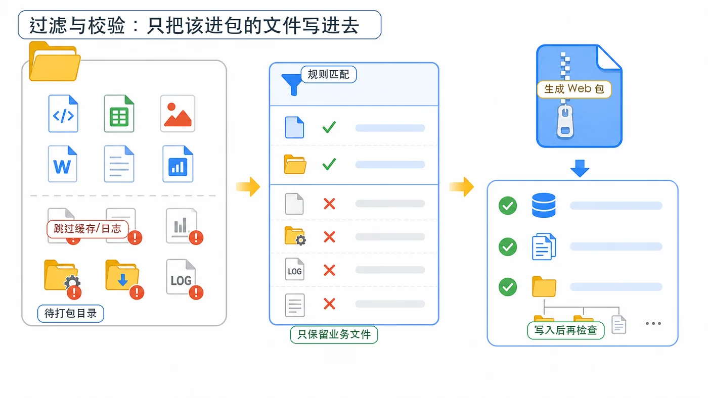 Python zipfile 批量打包实战：保留目录结构、过滤临时文件和写入校验