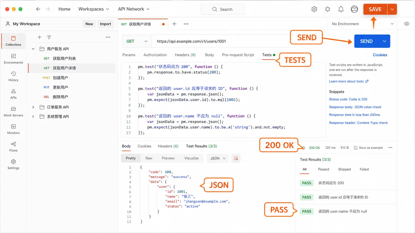 Postman Tests 面板中检查 200 OK、JSON 字段并显示 PASS 的示意图