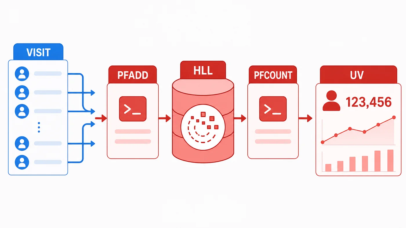 Redis HyperLogLog 使用 PFADD 写入访问用户并用 PFCOUNT 读取 UV 的流程图