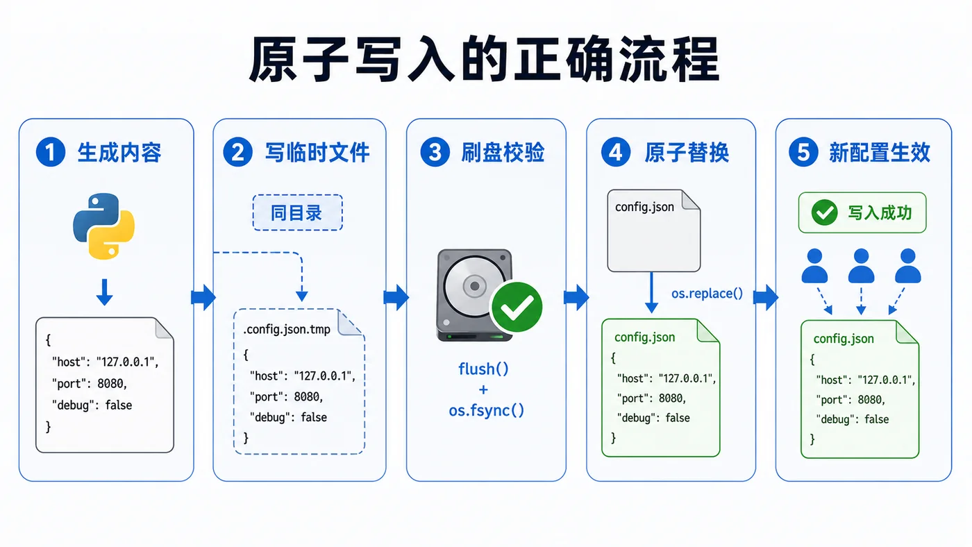 Python 原子写配置流程：写临时文件、刷盘校验、原子替换、旧文件保留、新配置生效
