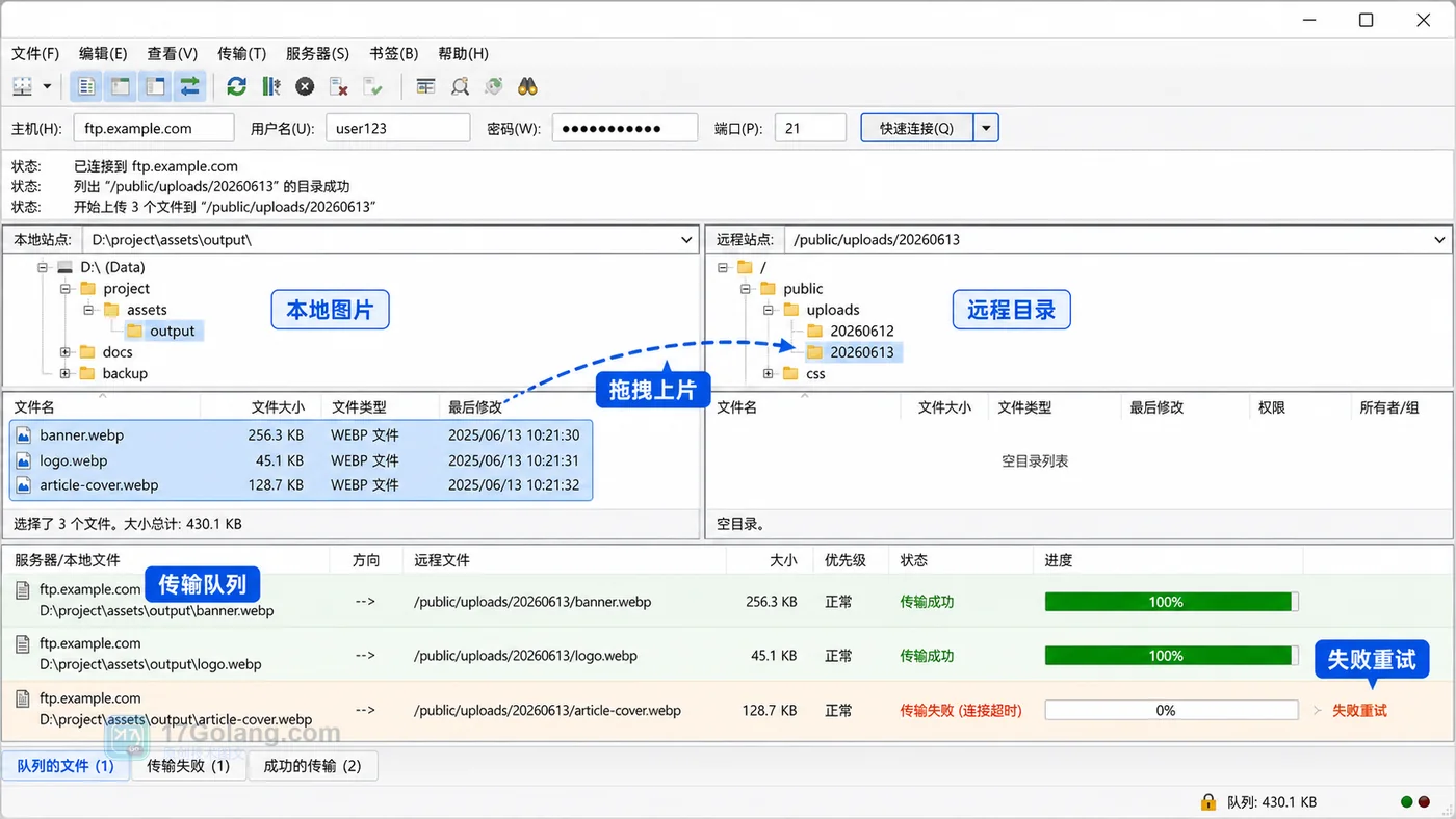 FileZilla 主窗口批量上传网站图片：本地目录、远程目录、拖拽上传和传输队列