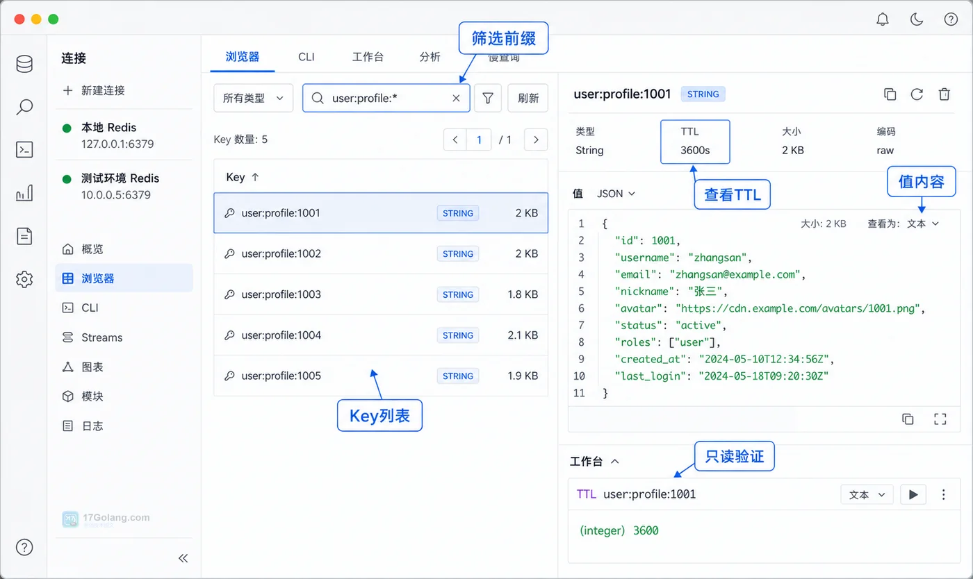 RedisInsight Key 详情界面示意图,展示按前缀筛选、查看类型、值内容、TTL 和大小信息